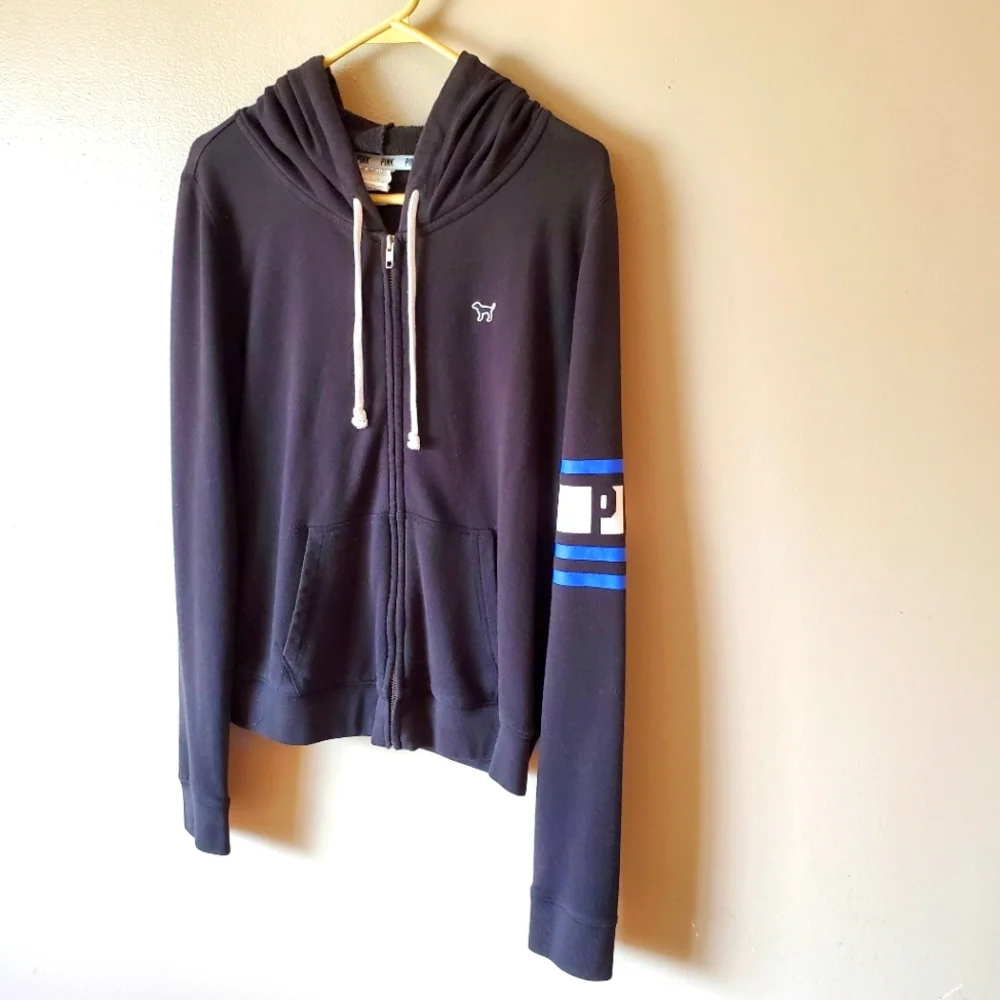 Victoria Secret PINK Womens L Black Fleece Full Zip Drawstring Hooded Jacket - Picture 9 of 9